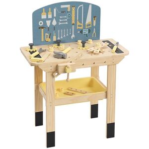 Imagine AIYAPLAY Banc de Lucru pentru Copii din Lemn de Pin, cu 28 de Accesorii și Cutie din PP, 3-8 Ani, Culoare Lemn | Aosom Romania