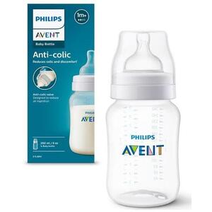 Imagine Biberon Philips Avent SCY103/01, Dispozitiv anti-colici, 260 ml, +1 luni, Fara BPA (Alb/Transparent)