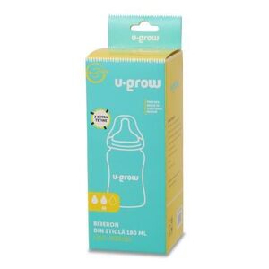 Imagine Biberon din sticla, U-Grow, 180 ml, cu 2 tetine extra