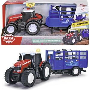 Imagine Tractor Massey Ferguson Dickie Toys, cu remorca pentru animale, cu lumini si sunete, 26 cm