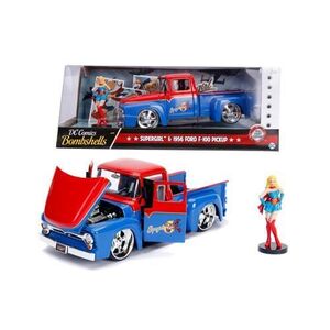 Imagine Masinuta cu figurina - Bombshells 1956 Ford F-100 Pickup, Super Girl (Albastru/Rosu)