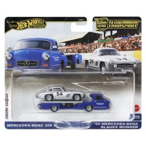 Imagine Masinute HOT WHEELS TRANSPORTATOR MERCEDES-BENZ 55 BLAUES WUNDER si MERCEDES-BENZ 300 SL, scara 1: 64