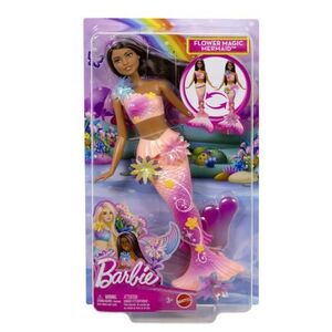 Imagine Barbie Papusa Sirena Floarea Magica Cu Par Brunet Si Coada Roz