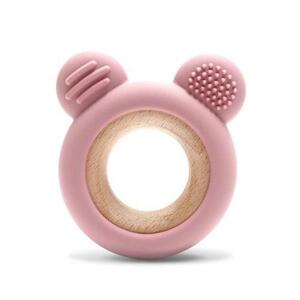Imagine Jucarie de dentitie Lorelli Bear, din silicon si lemn de fag, 0 luni+, Roz