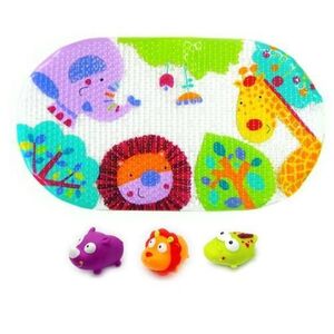 Imagine Set de baie 4 piese Knorr Toys KNR37001, include covoras de baie din PVC 69x39 cm si 3 jucarii animalele junglei, 0 Luni+
