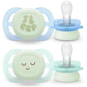 Imagine Set 2 suzete Philips Avent Ultra Start SCF075/18, ortodontice, fara BPA, 0-2 luni, pentru noapte, cu buton fosforescent, Verde/Albastru