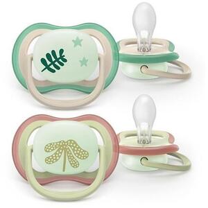 Imagine Set 2 suzete Philips Avent Ultra Air SCF376/31 care lasa pielea bebelusului sa respire, ortodontice, fara BPA, 6-18 luni, pentru noapte, cu buton fosforescent