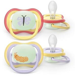 Imagine Set 2 suzete Philips Avent Ultra Air SCF376/25 care lasa pielea bebelusului sa respire, ortodontice, fara BPA, 0-6 luni, pentru noapte, cu buton fosforescent