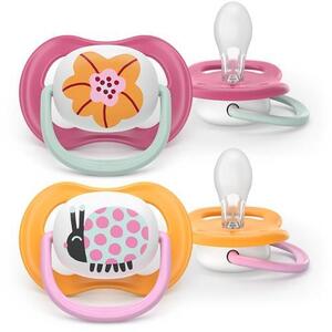 Imagine Set 2 suzete Philips Avent Ultra Air SCF080/27 care lasa pielea bebelusului sa respire, ortodontice, fara BPA, 6-18 luni (Roz/Portocaliu)