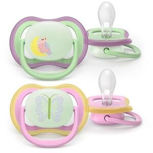 Imagine Set 2 suzete Philips Avent Ultra Air SCF376/29 care lasa pielea bebelusului sa respire, ortodontice, fara BPA, 6-18 luni, pentru noapte, cu buton fosforescent (Multicolor)