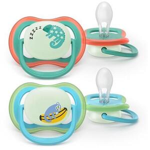 Imagine Set 2 suzete Philips Avent Ultra Air SCF376/28 care lasa pielea bebelusului sa respire, ortodontice, fara BPA, 6-18 luni, pentru noapte, cu buton fosforescent (Multicolor)
