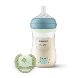 Imagine Set biberon + suzeta pentru nou-nascuti Philips Avent SCD838/17, sticla de 125 ml, suzeta ultra moale, inel stralucitor (Transparent/Albastru)