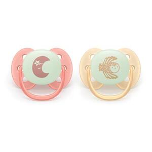Imagine Set 2 suzete Philips Avent SCF094/02, Ultra soft ​Nighttime 0-6 luni, 2 buc (Roz/Portocaliu)