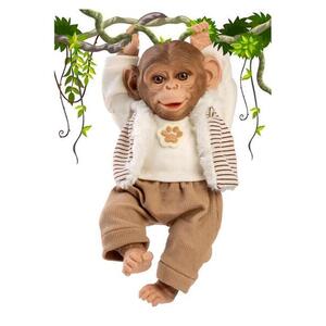 Imagine Papusa reborn maimuta Guca, 32 cm, corp din material textil, design expresiv si pietenos, cu pantalon raiat bej, tricou si hanorac, 3 ani+