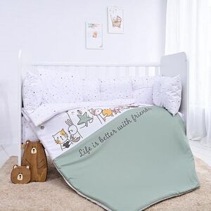 Imagine Set lenjerie pat 8 piese, 70x140 cm, bumbac ranforce, Lorelli Happy Friends Mint