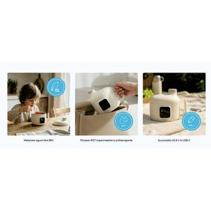 Imagine Incalzitor de mancare si bauturi pentru copii Kidnort Kjokken Beige, capacitate 400 ml, cu acumulator 10.8 V, USB-C, capac sigilat, putere 18 W