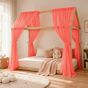 Imagine Set 2 baldachine din muselina pentru pat tip casuta Little Amy 2 x 330 cm pentru pat 100 x 180 cm roz neon