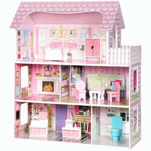 Imagine AIYAPLAY Casă de păpuși din lemn pentru copii, 3 niveluri, cu bandă LED DIY, 8 piese de mobilier, 6 camere, 3-6 ani, roz | Aosom Romania