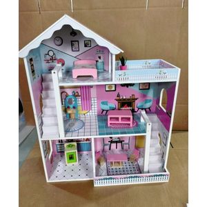 Imagine AIYAPLAY Casă de Păpuși din Lemn pentru Copii, Casă de Vis pentru Fetițe cu 3 Etaje cu Balcon, Scări și 10 Accesorii, Roz | Aosom Romania